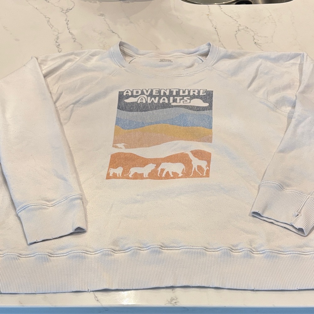 aerie White Sweatshirt with Blue, Yellow & Tan Graphic - Adventure Awaits